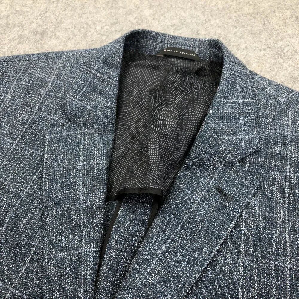 Hugo Boss Blazer Mens 46 Blue Check Tweed Wool Cotton Linen Sport Coat Jacket